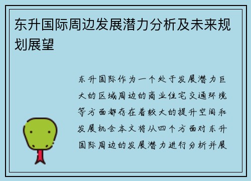 东升国际周边发展潜力分析及未来规划展望